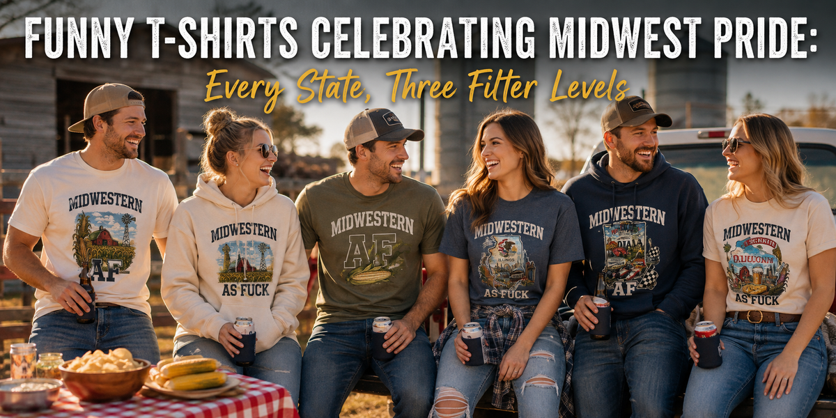 Funny t-shirts celebrating midwest pride — six friends on a farm tailgate in Midwestern AF and As Fuck state pride tees and hoodies