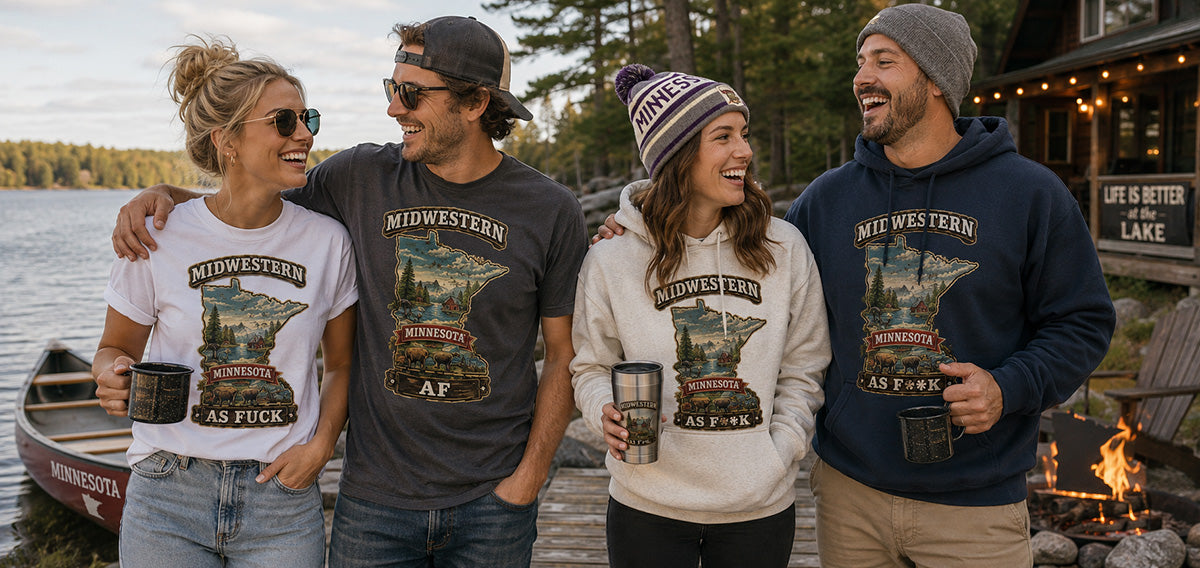 Funny Minnesota t-shirt and Minnesota pride hoodie lifestyle photo from the Midwestern AF North Star State collection, Family Friendly to No Filter tees