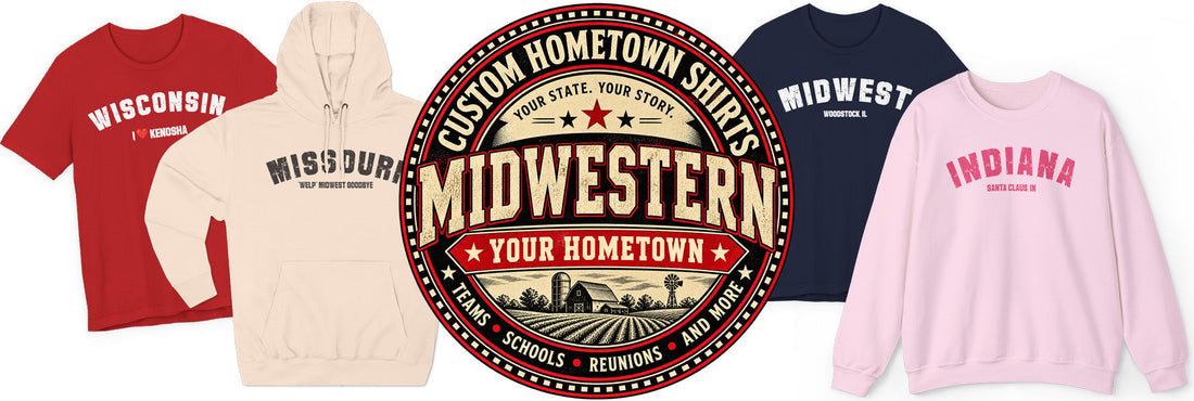 Custom hometown shirts banner — Wisconsin, Missouri, Midwest and Indiana tees and crewnecks around a Midwestern badge