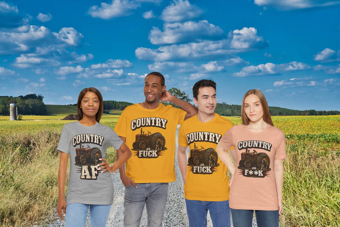 Country AF tractor tee lifestyle photo — vintage rusty tractor and hound dog graphic t-shirt on Bella + Canvas 3001