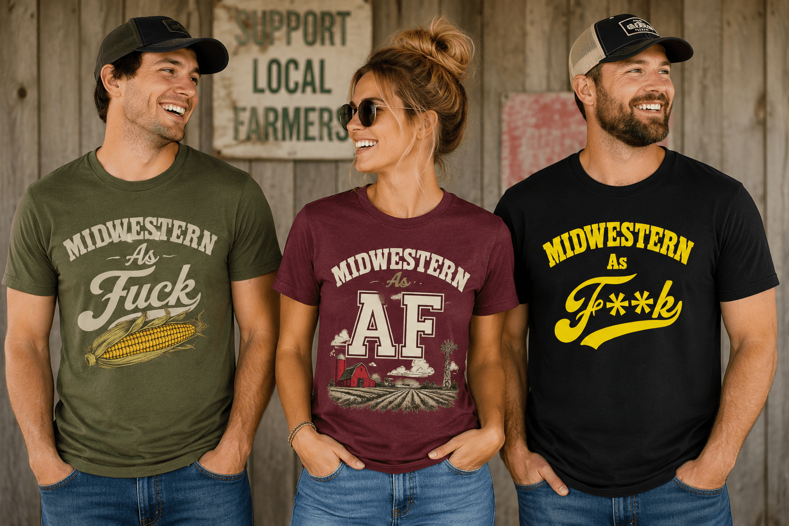 Midwestern AF t-shirt collection lifestyle photo — funny Midwest pride graphic tees with farm and vintage heartland designs on Bella + Canvas 3001