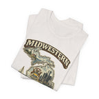 Slightly Salty Midwestern As F**K Michigan T-Shirt – product photo 25 featuring a distressed vintage design featuring Michigan's Upper and Lower Peninsulas overlaid with the state outline, surrounded by Detroit's skyline, Woodward Avenue, the Great Lakes, and Traverse City cherries