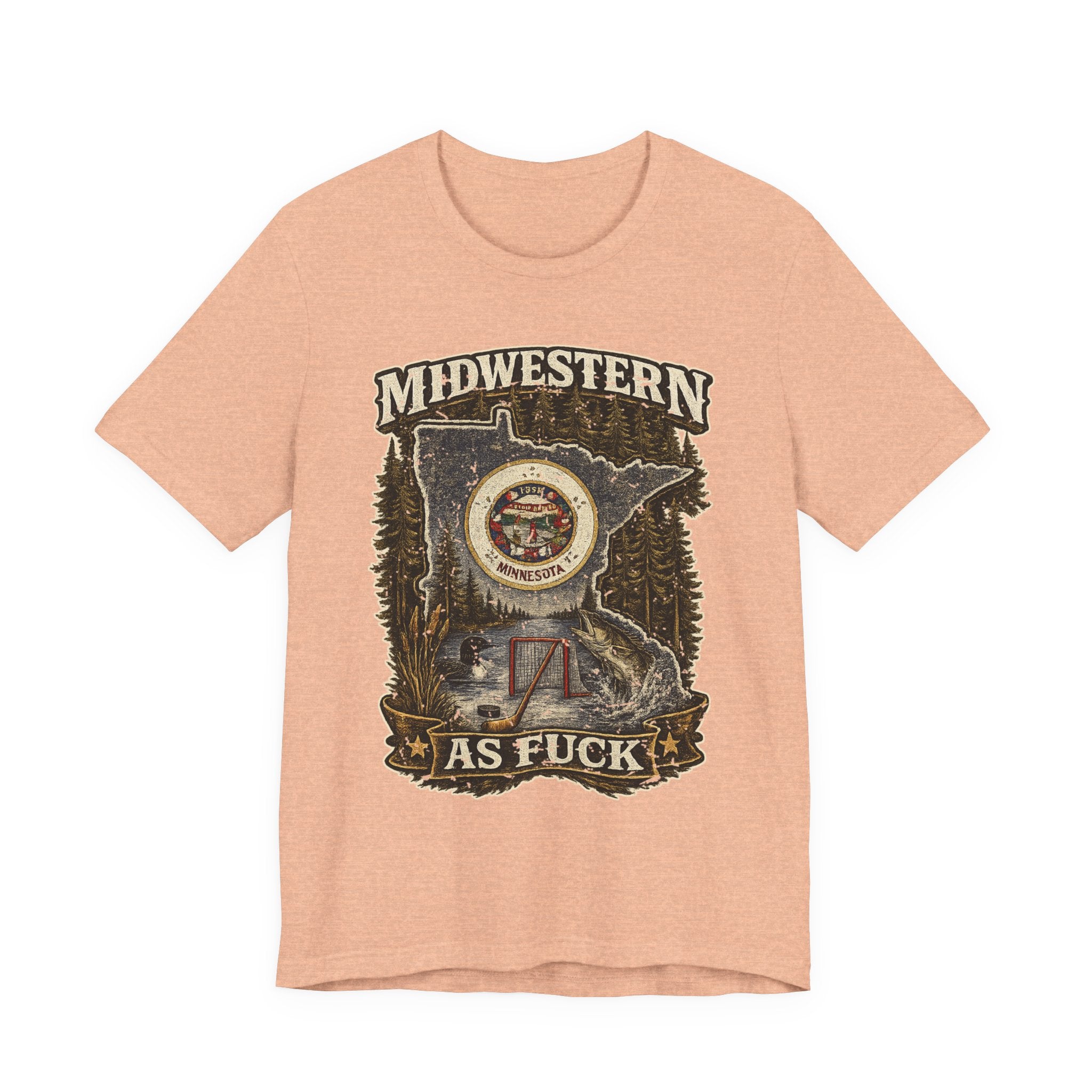 No Filter Midwestern As Fuck Minnesota T-Shirt in Heather Peach – distressed Minnesota state flag design with pine trees, loon and walleye