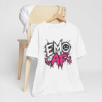 White EMO AF tee on a wooden hanger beside a chair, front print showing