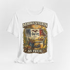 Midwestern As Fuck Iowa T-Shirt – product photo 22 featuring a distressed vintage design featuring the outline of Iowa overlaid with the Iowa state flag, surrounded by towering corn stalks, rolling farmland, a classic red barn, a windmill, a tractor, and an overflowing harvest basket