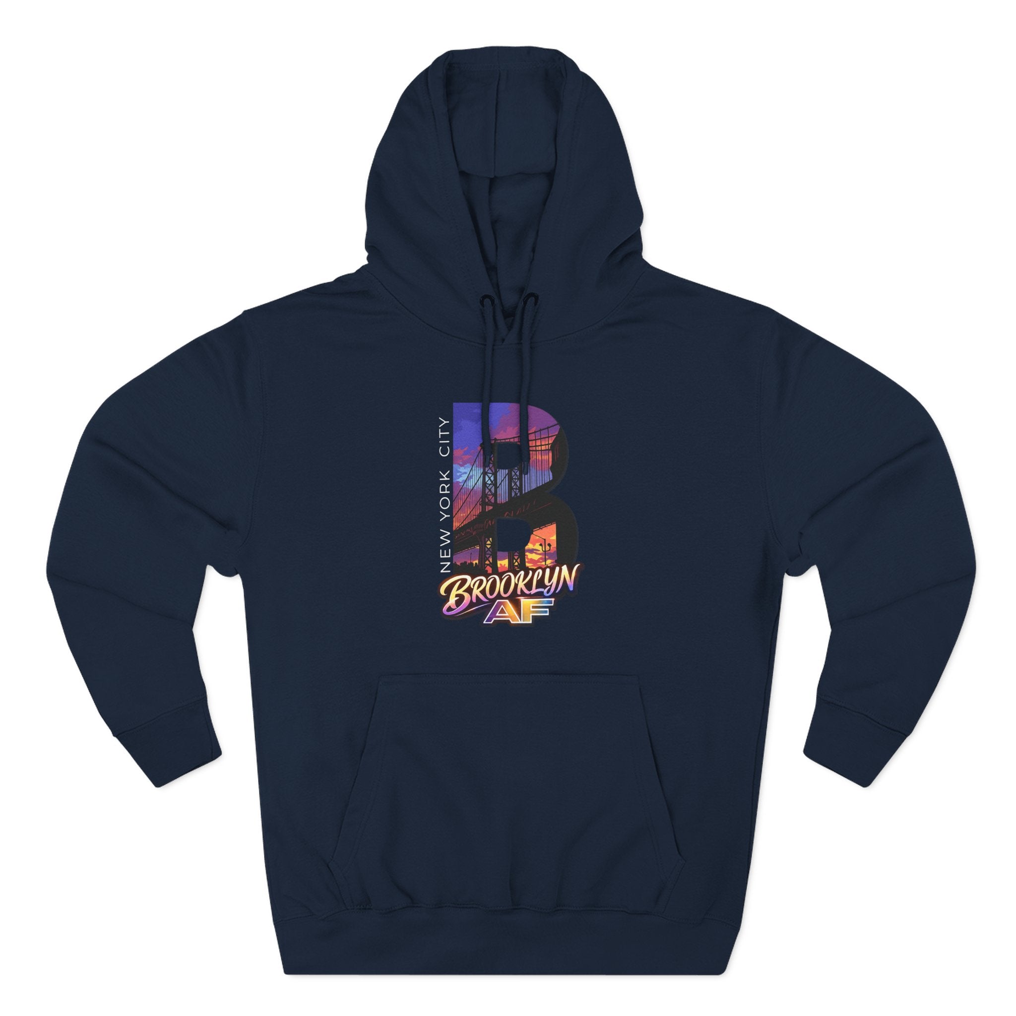 Navy hoodie, front-facing flat lay, showing the oversized "B" with a Brooklyn Bridge sunset skyline graphic on the chest.