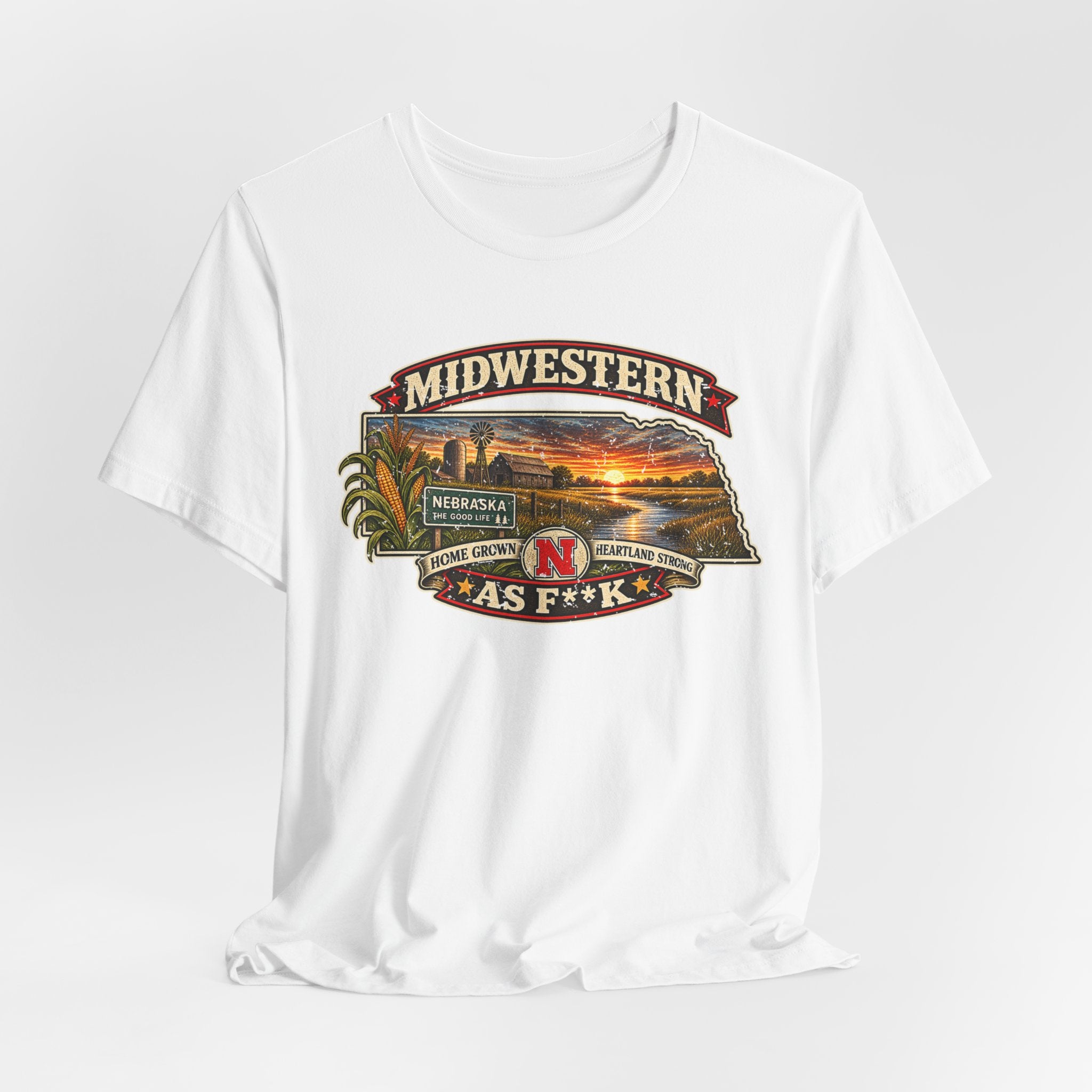 White Nebraska As F**K T-shirt draped on grey, front graphic centred