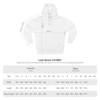 Size chart for the Lane Seven LS14001 hoodie showing width, length, and sleeve length in inches and centimeters by size.