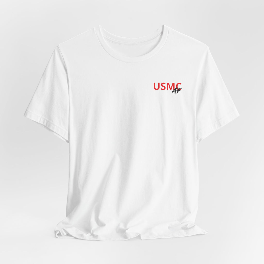 Marine Corps veteran T-shirt in White shown draped with the personalized USMC AF chest print
