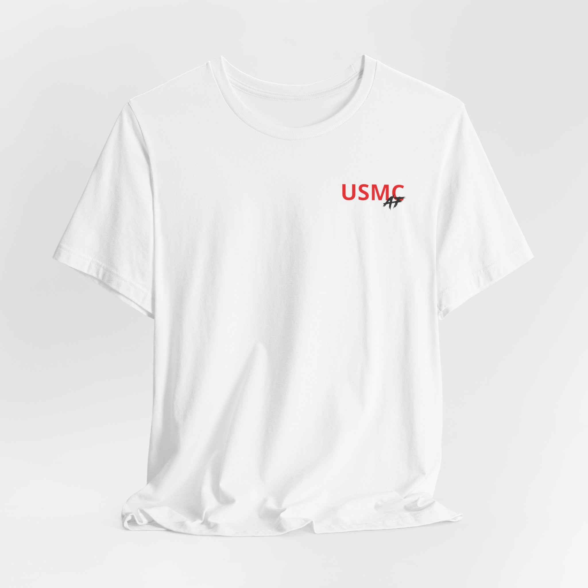 Marine Corps veteran T-shirt in White shown draped with the personalized USMC AF chest print
