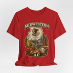 Family Friendly Midwestern AF Illinois T-Shirt – product photo 19 featuring a distressed vintage design featuring the Illinois state outline overlaid with the state flag, surrounded by the Chicago skyline, the Chicago Theatre sign, The Bean, deep-dish pizza, a Chicago-style hot dog, and towering corn fields