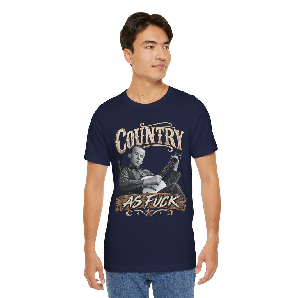 Man in the Navy Country As Fuck tee, weathered banjo front print