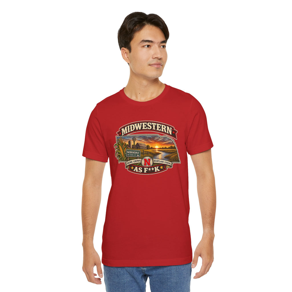 Man wearing the red Nebraska As F**K tee, vintage Nebraska artwork on the chest
