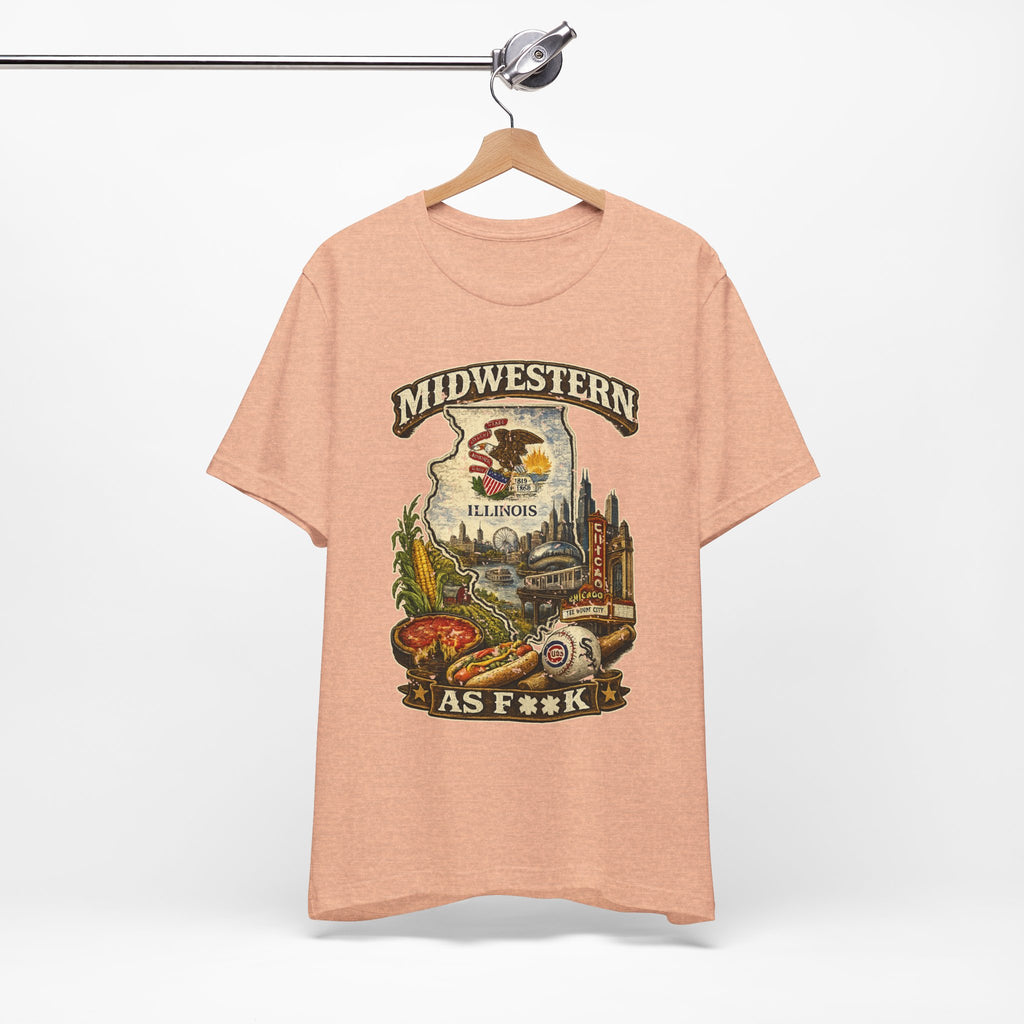 Slightly Salty Midwestern As F**K Illinois T-Shirt – product photo 8 featuring a distressed vintage design featuring the Illinois state outline overlaid with the state flag, surrounded by the Chicago skyline, the Chicago Theatre sign, The Bean, deep-dish pizza, a Chicago-style hot dog, and towering corn fields