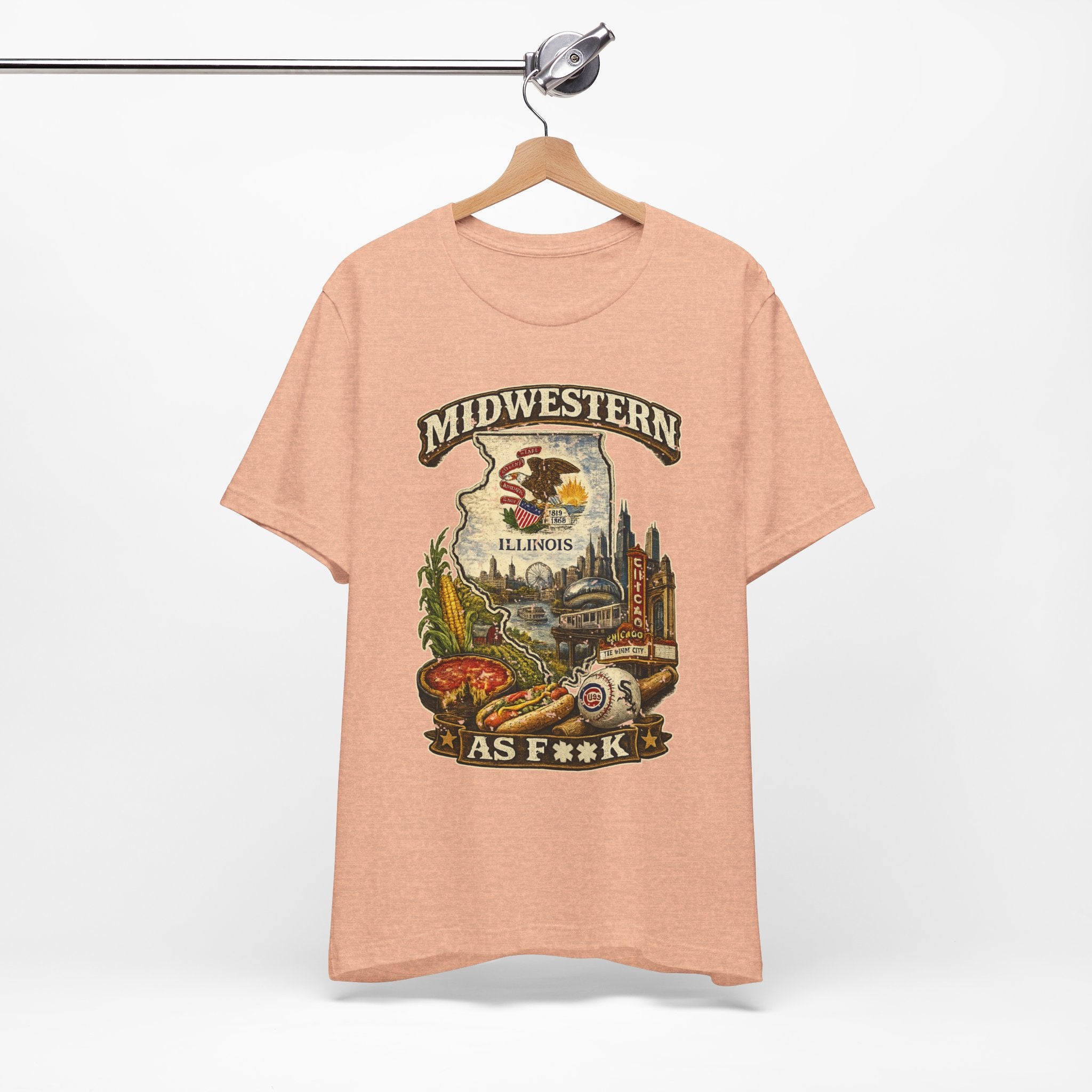 Slightly Salty Midwestern As F**K Illinois T-Shirt – product photo 8 featuring a distressed vintage design featuring the Illinois state outline overlaid with the state flag, surrounded by the Chicago skyline, the Chicago Theatre sign, The Bean, deep-dish pizza, a Chicago-style hot dog, and towering corn fields