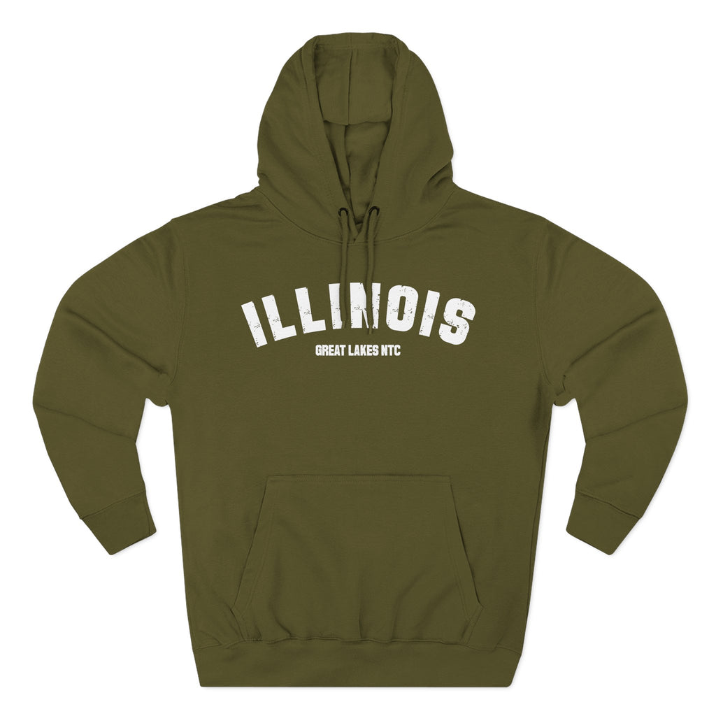 Illinois varsity hoodie in Army Green laid flat, white ILLINOIS above a custom Great Lakes line