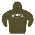 Illinois varsity hoodie in Army Green laid flat, white ILLINOIS above a custom Great Lakes line