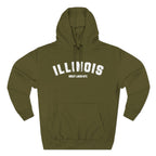 Illinois varsity hoodie in Army Green laid flat, white ILLINOIS above a custom Great Lakes line