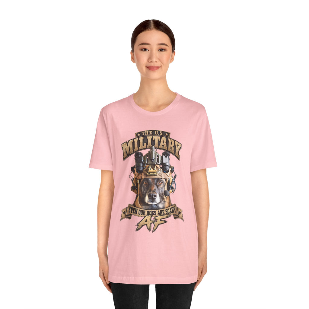 Woman wearing the Military K-9 T-shirt in Pink, full-length studio shot
