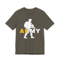 Army green Army AF tee laid flat, gold AF and white RMY behind a white soldier silhouette