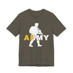 Army green Army AF tee laid flat, gold AF and white RMY behind a white soldier silhouette