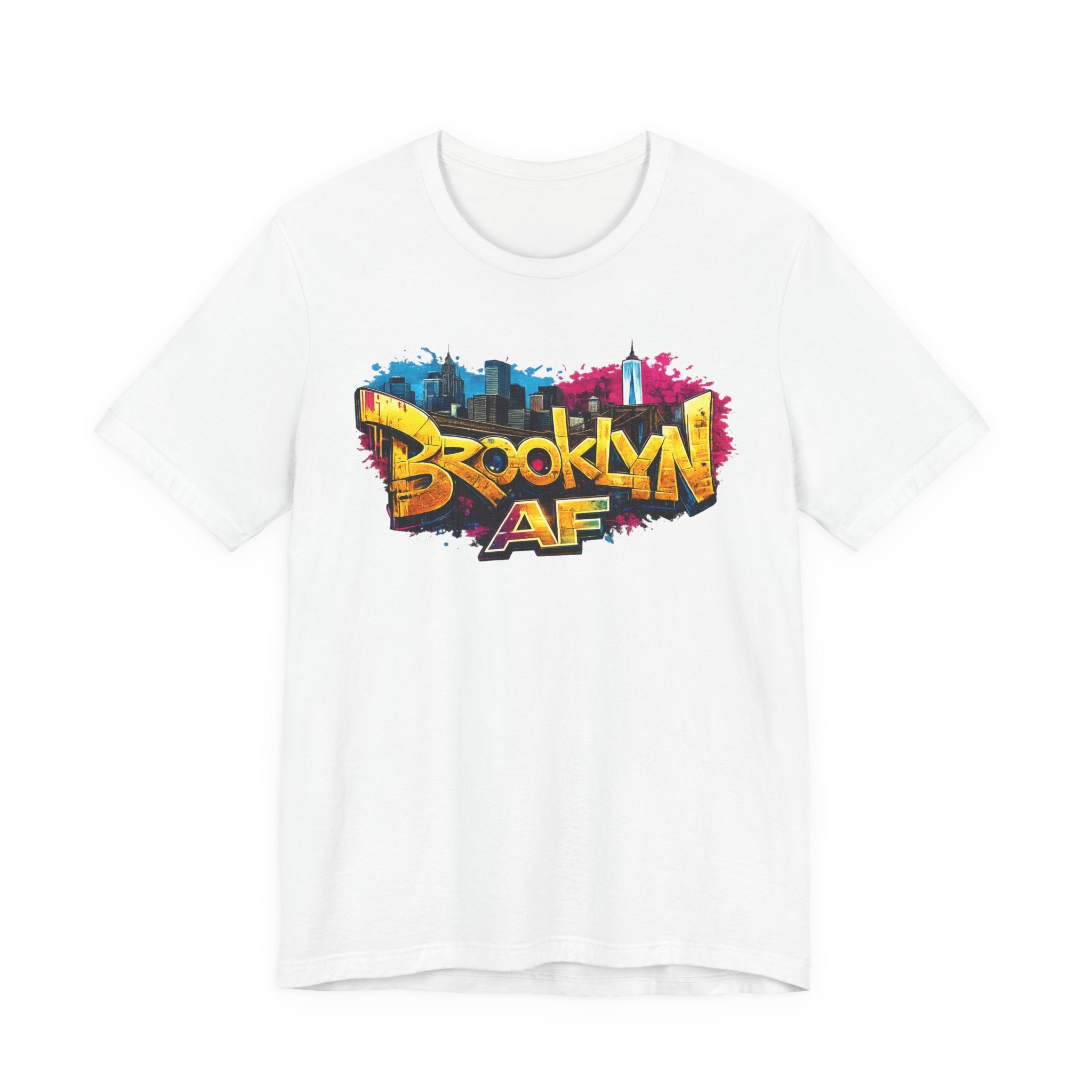 White t-shirt, front view flat lay, featuring graffiti-style Brooklyn AF lettering over a skyline paint splash.