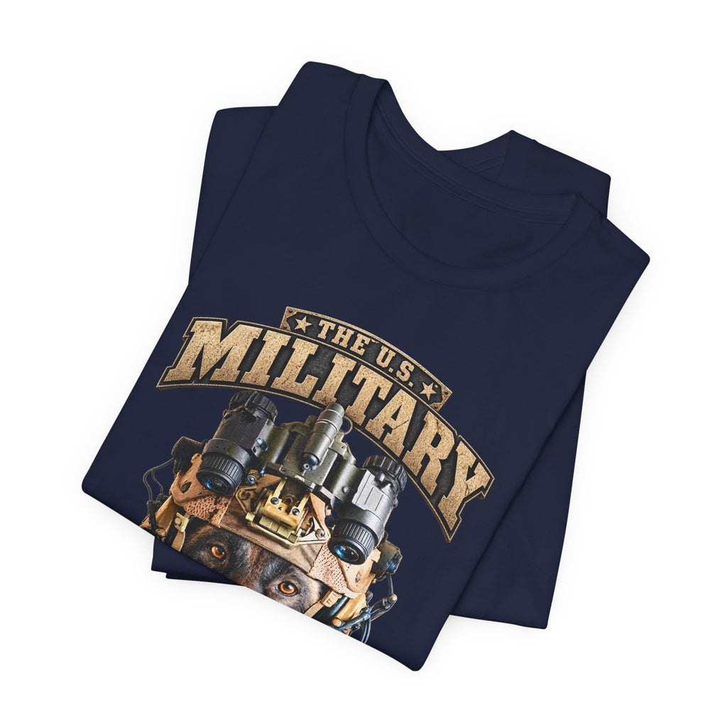 Military K-9 T-shirt in Navy shown folded with the U.S. Military working dog print