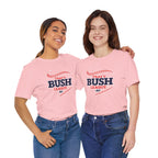 Two women wearing the Pink Bush League AF baseball tee with jeans