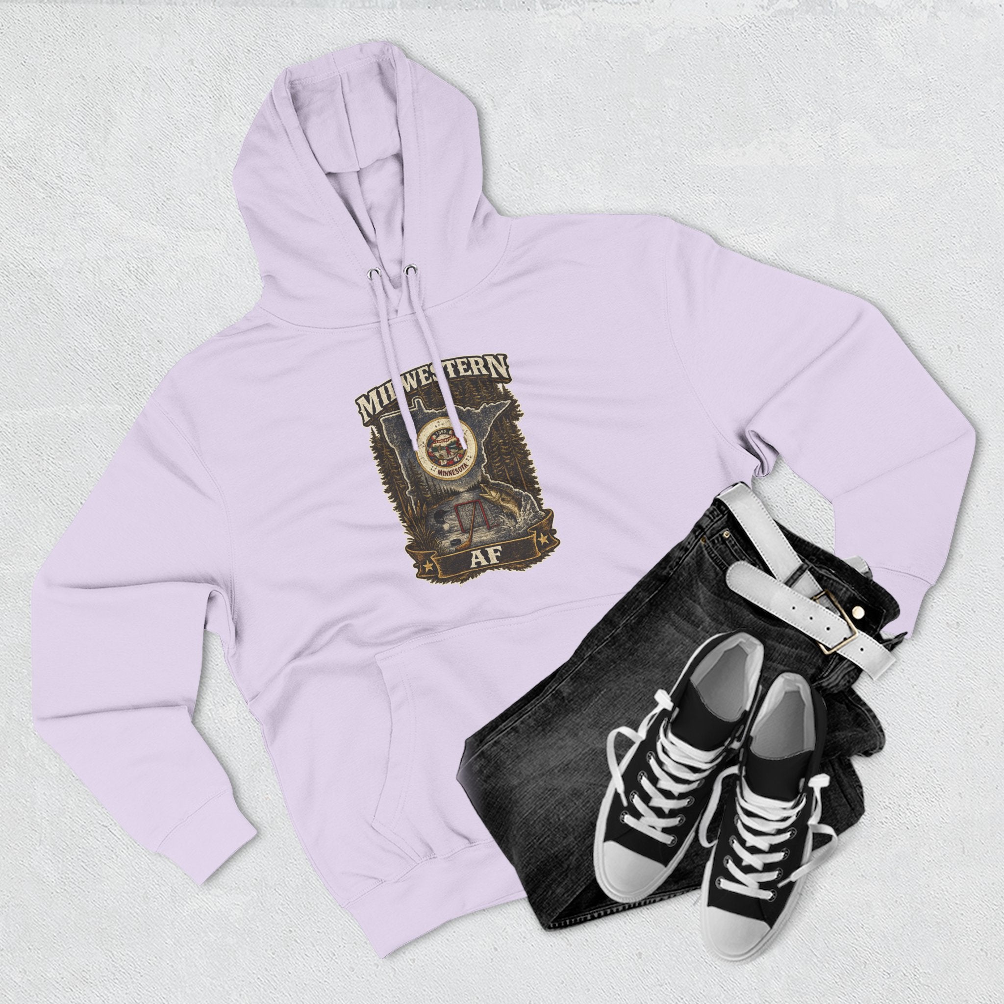 Family Friendly Midwestern AF Minnesota Hoodie – product photo 2 featuring the distressed state flag, pine trees, loon and walleye design