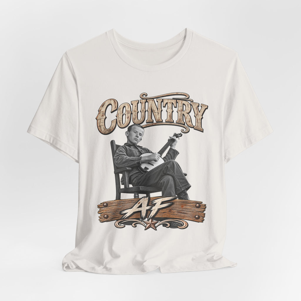 Vintage White Country AF tee draped loosely, aged banjo front print