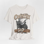Vintage White Country AF tee draped loosely, aged banjo front print