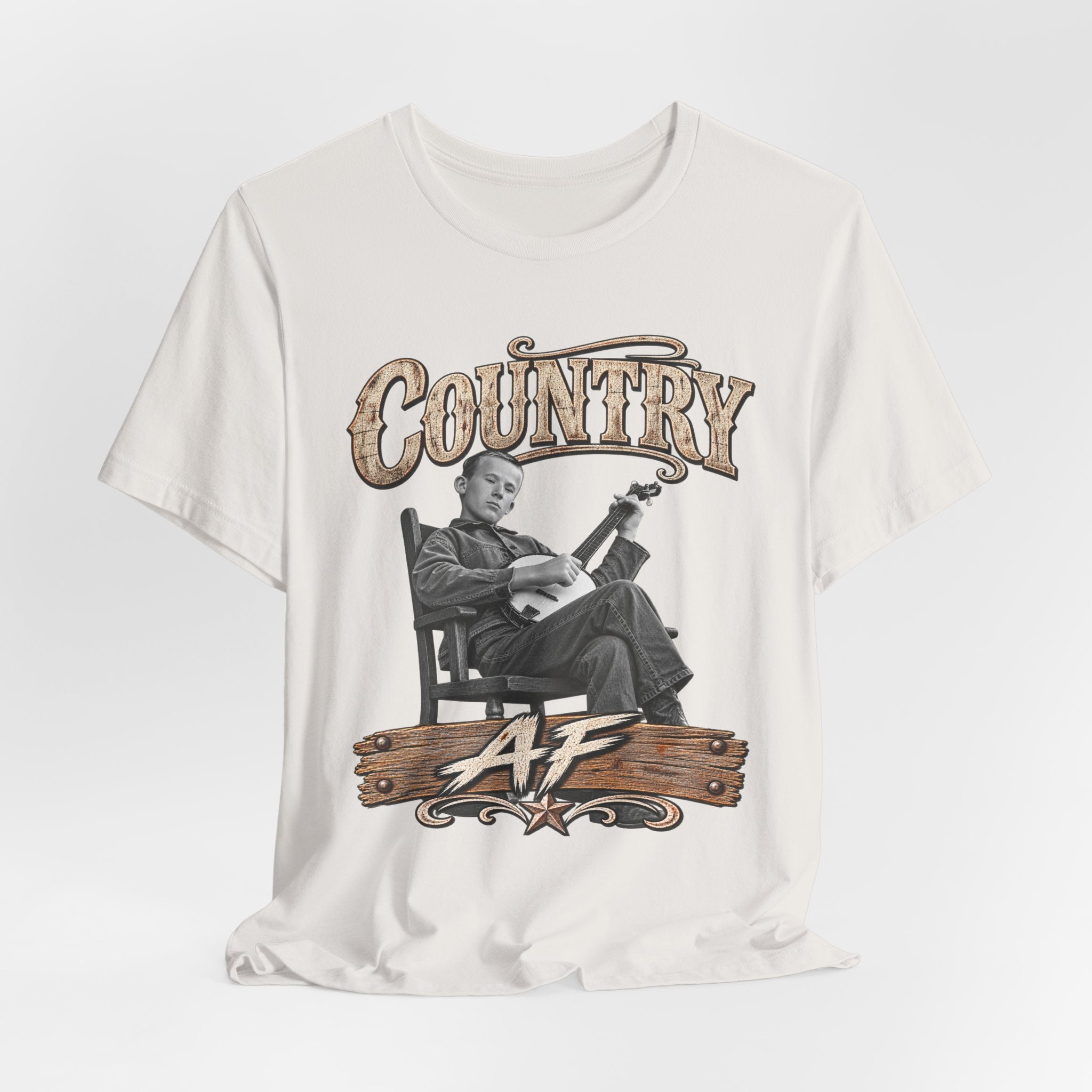 Vintage White Country AF tee draped loosely, aged banjo front print