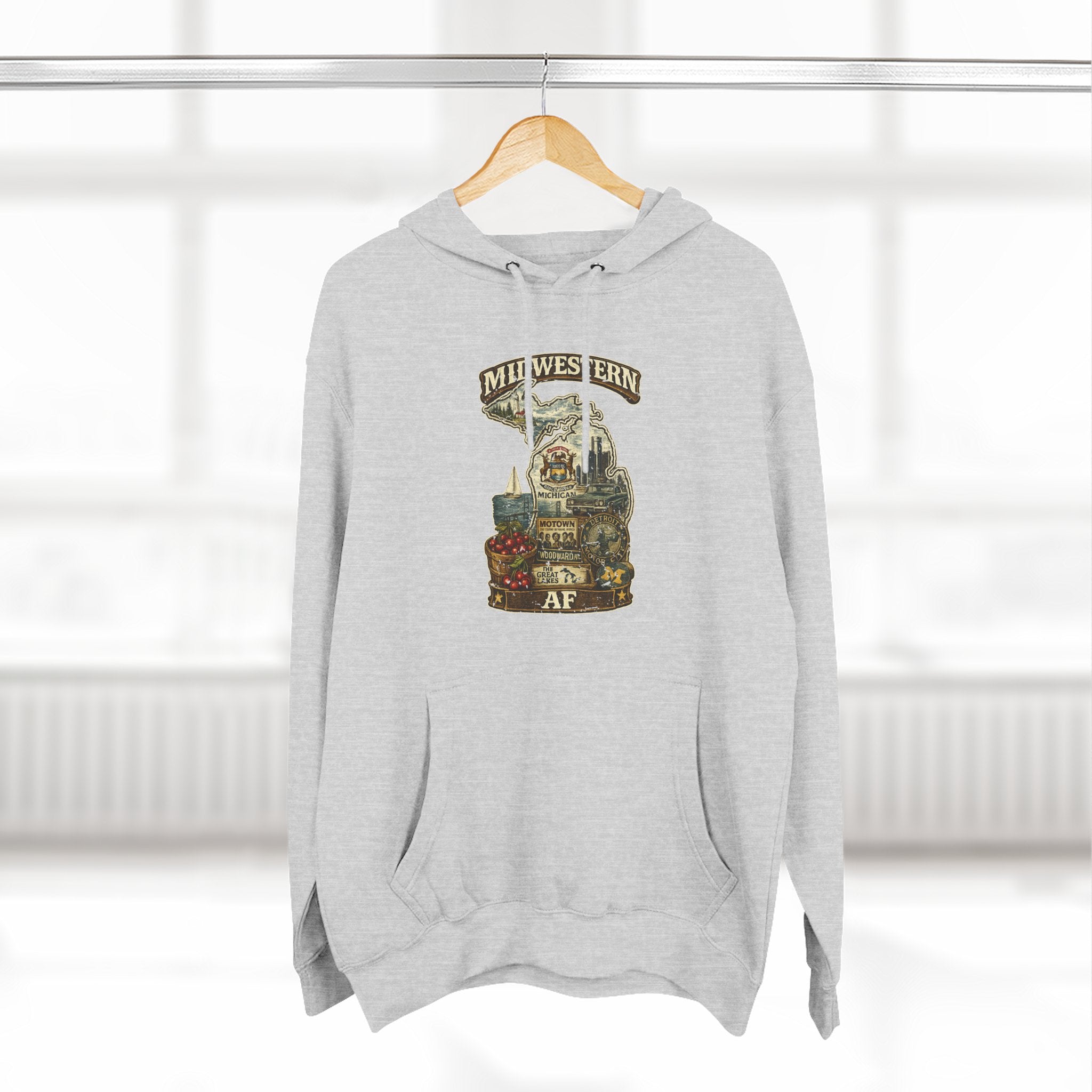 Family Friendly Midwestern AF Michigan Hoodie – product photo 13 featuring a distressed vintage design featuring Michigan's Upper and Lower Peninsulas overlaid with the state outline, surrounded by Detroit's skyline, Woodward Avenue, the Great Lakes, and Traverse City cherries