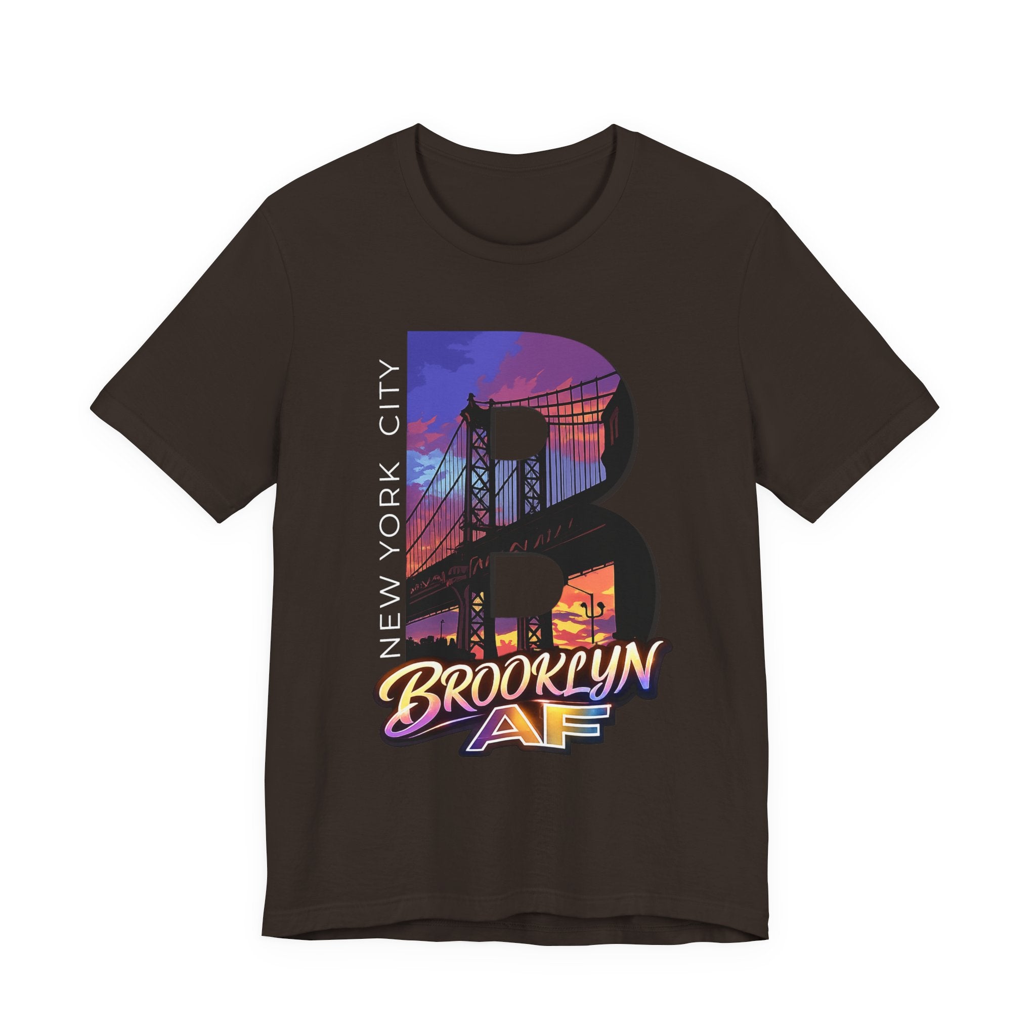 Brown t-shirt, flat lay front view, with a bold B and a purple-orange Brooklyn Bridge sunset skyline graphic.