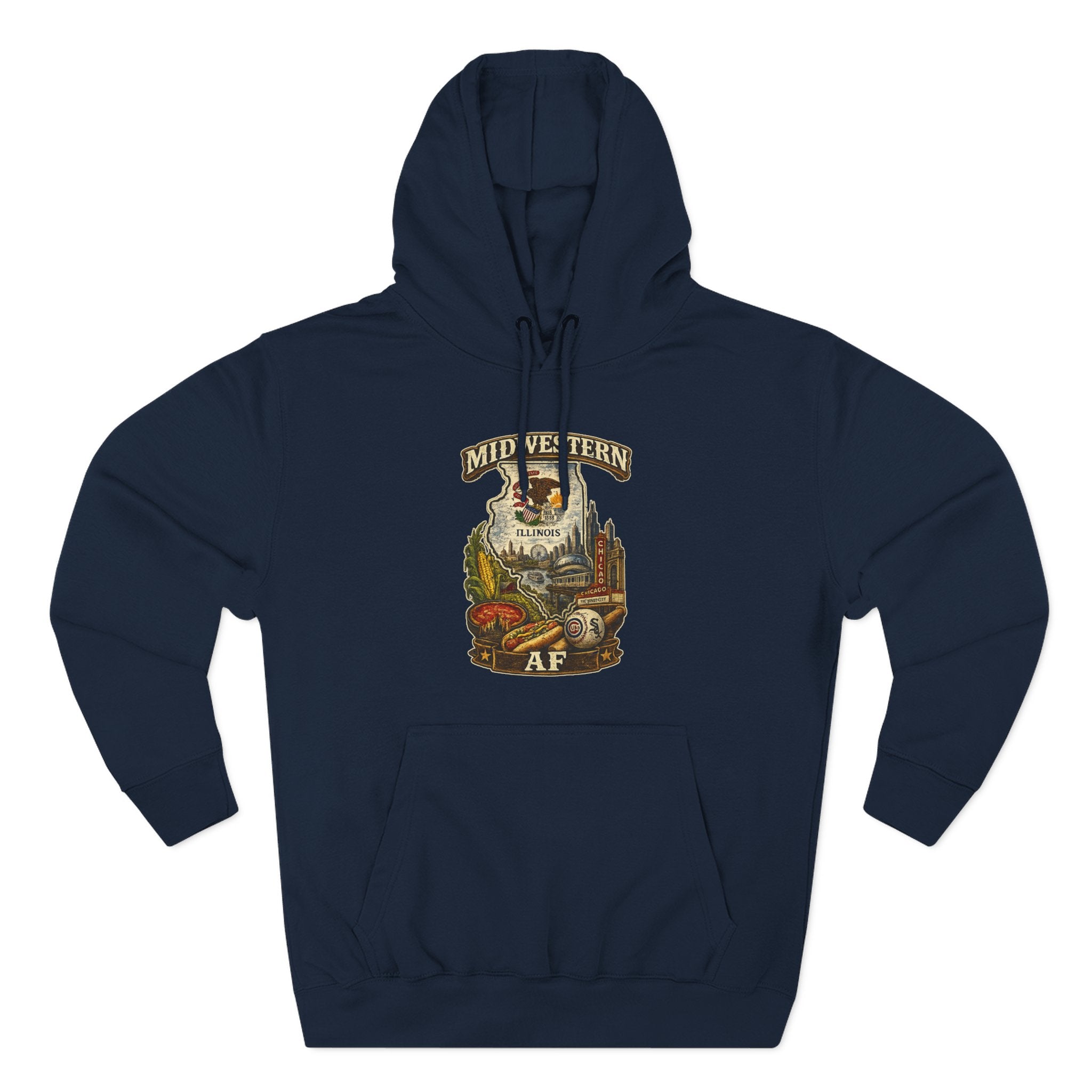 Family Friendly Midwestern AF Illinois Hoodie in Navy – a distressed vintage design featuring the Illinois state outline overlaid with the state flag, surrounded by the Chicago skyline, the Chicago Theatre sign, The Bean, deep-dish pizza, a Chicago-style hot dog, and towering corn fields