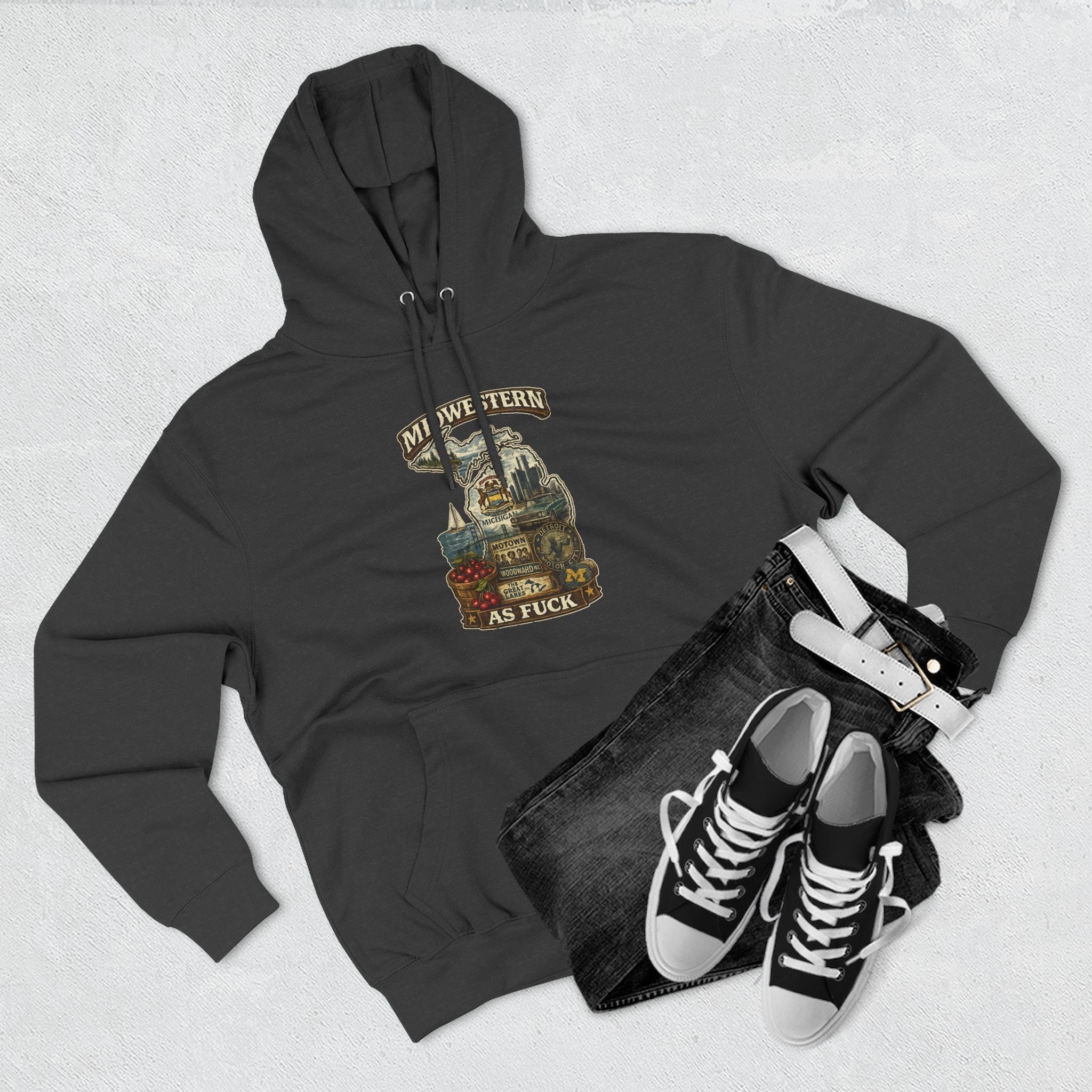 Midwestern As Fuck Michigan Hoodie – product photo 2 featuring a distressed vintage design featuring Michigan's Upper and Lower Peninsulas overlaid with the state outline, surrounded by Detroit's skyline, Woodward Avenue, the Great Lakes, and Traverse City cherries