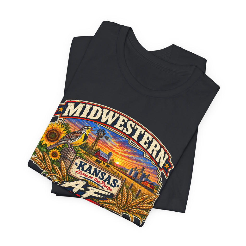 Folded vintage black Kansas AF tee with the sunflower badge up close