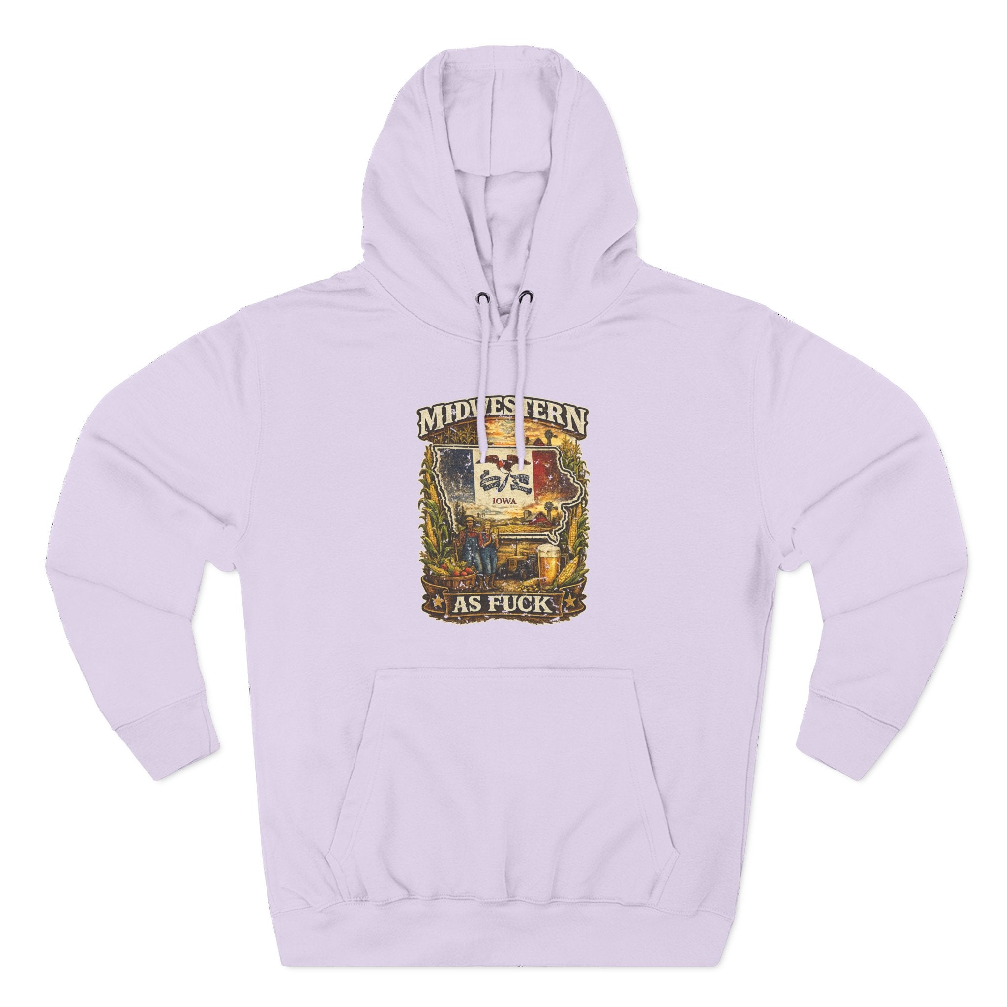 Midwestern As Fuck Iowa Hoodie in Lilac – a distressed vintage design featuring the outline of Iowa overlaid with the Iowa state flag, surrounded by towering corn stalks, rolling farmland, a classic red barn, a windmill, a tractor, and an overflowing harvest basket