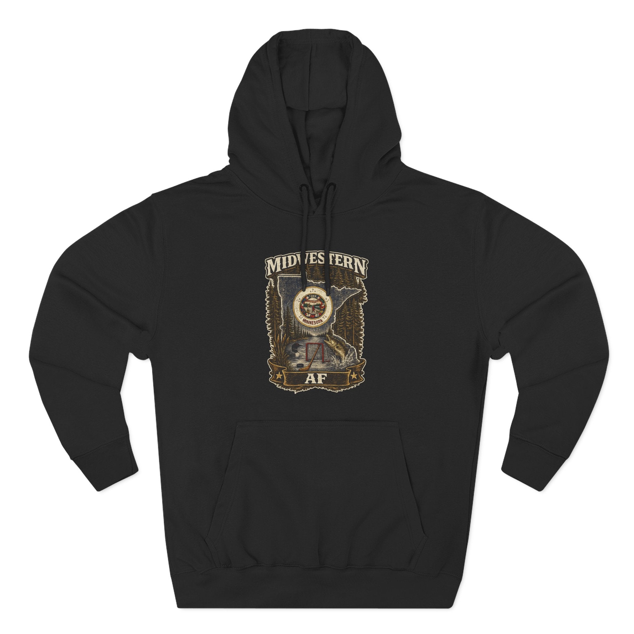 Family Friendly Midwestern AF Minnesota Hoodie in Black – distressed Minnesota state flag design with pine trees, loon and walleye