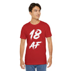 Man wearing the red 18 AF birthday tee with jeans, front view