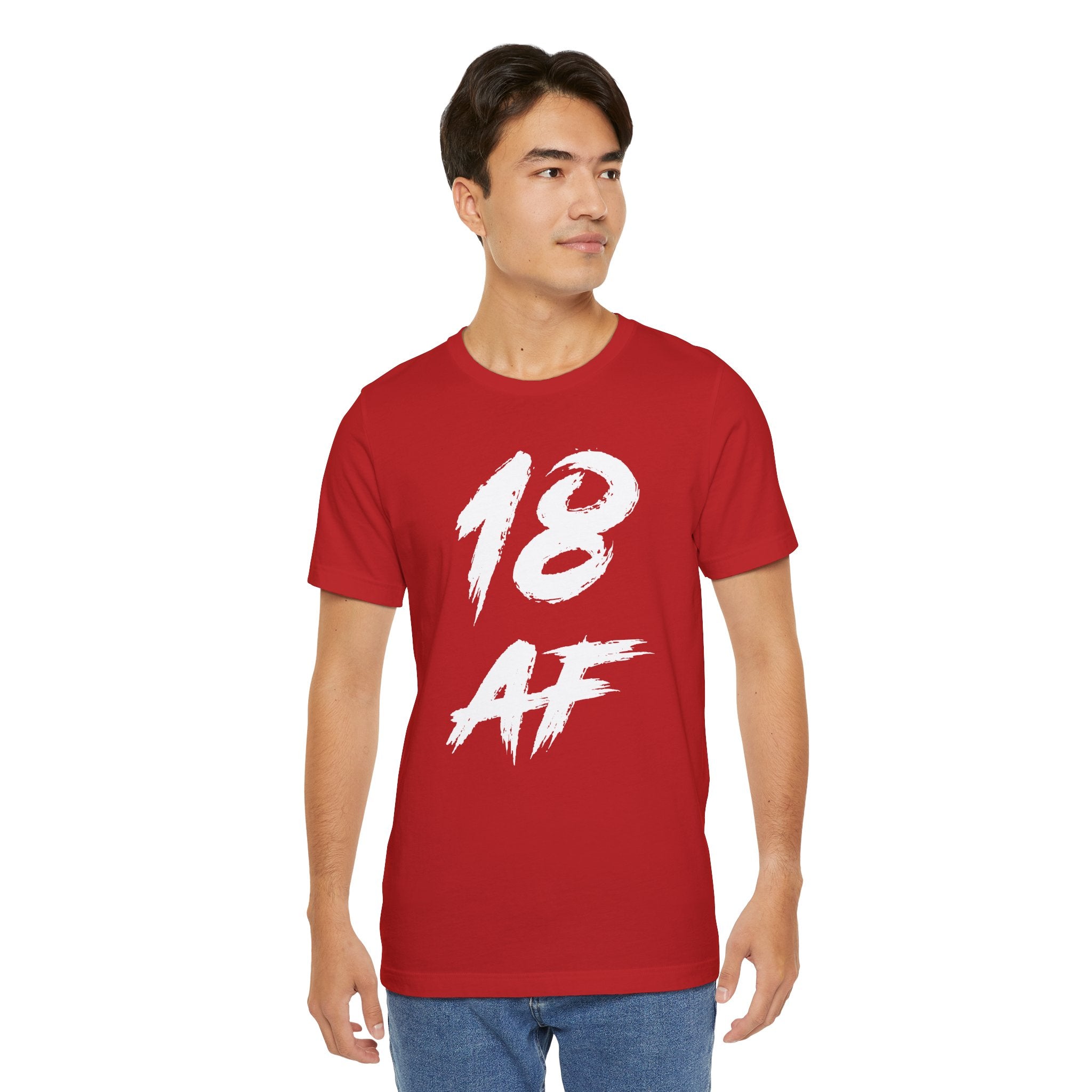 Man wearing the red 18 AF birthday tee with jeans, front view