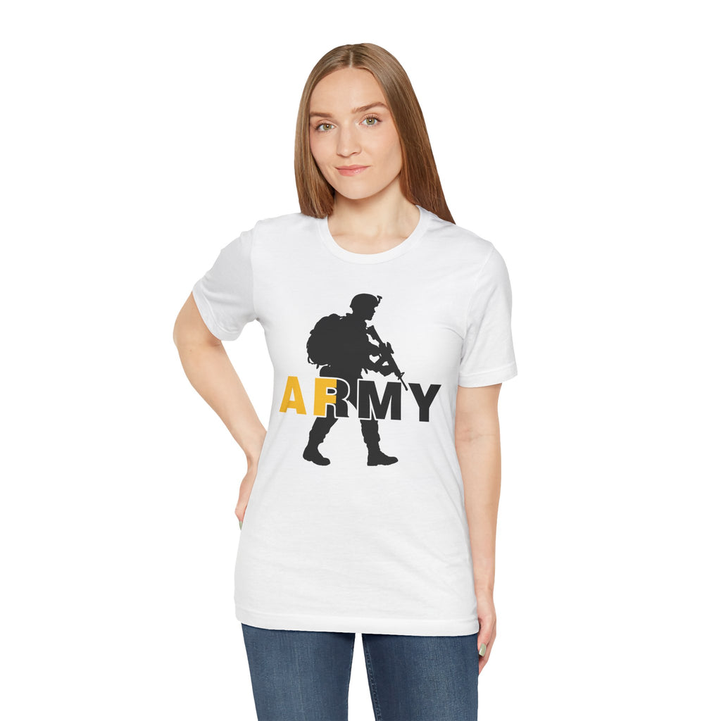 Woman wearing the white Army AF tee, charcoal soldier silhouette on the chest