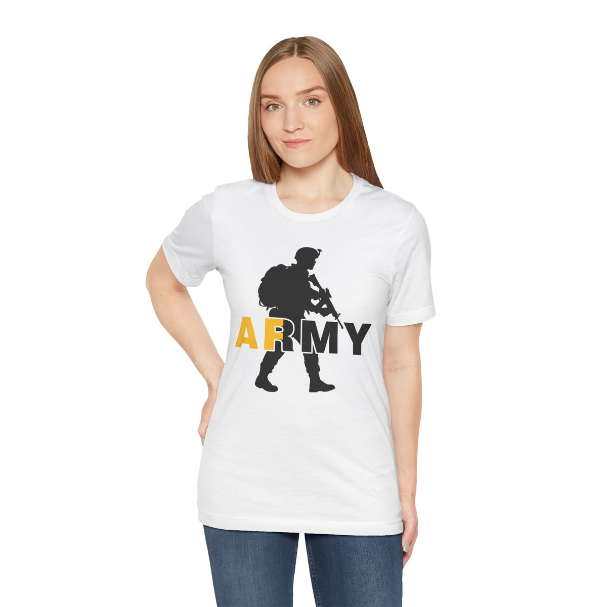 Woman wearing the white Army AF tee, charcoal soldier silhouette on the chest
