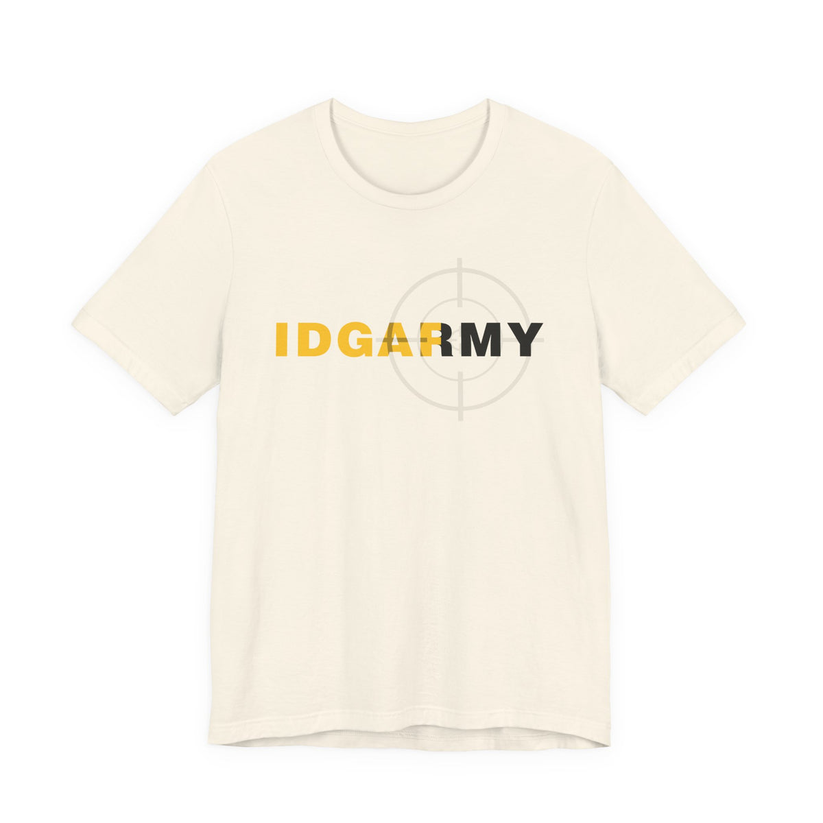 Cream IDGAF Army T-shirt shown flat, gold lettering running into the dark ARMY type