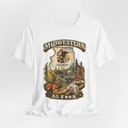 Slightly Salty Midwestern As F**K Illinois T-Shirt – product photo 22 featuring a distressed vintage design featuring the Illinois state outline overlaid with the state flag, surrounded by the Chicago skyline, the Chicago Theatre sign, The Bean, deep-dish pizza, a Chicago-style hot dog, and towering corn fields