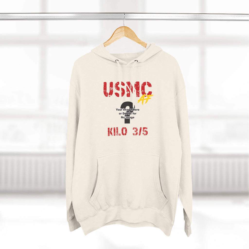 Personalized USMC Marine Corps AF hoodie in Sandshell on a hanger, front view with red USMC lettering