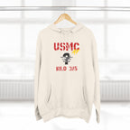Personalized USMC Marine Corps AF hoodie in Sandshell on a hanger, front view with red USMC lettering