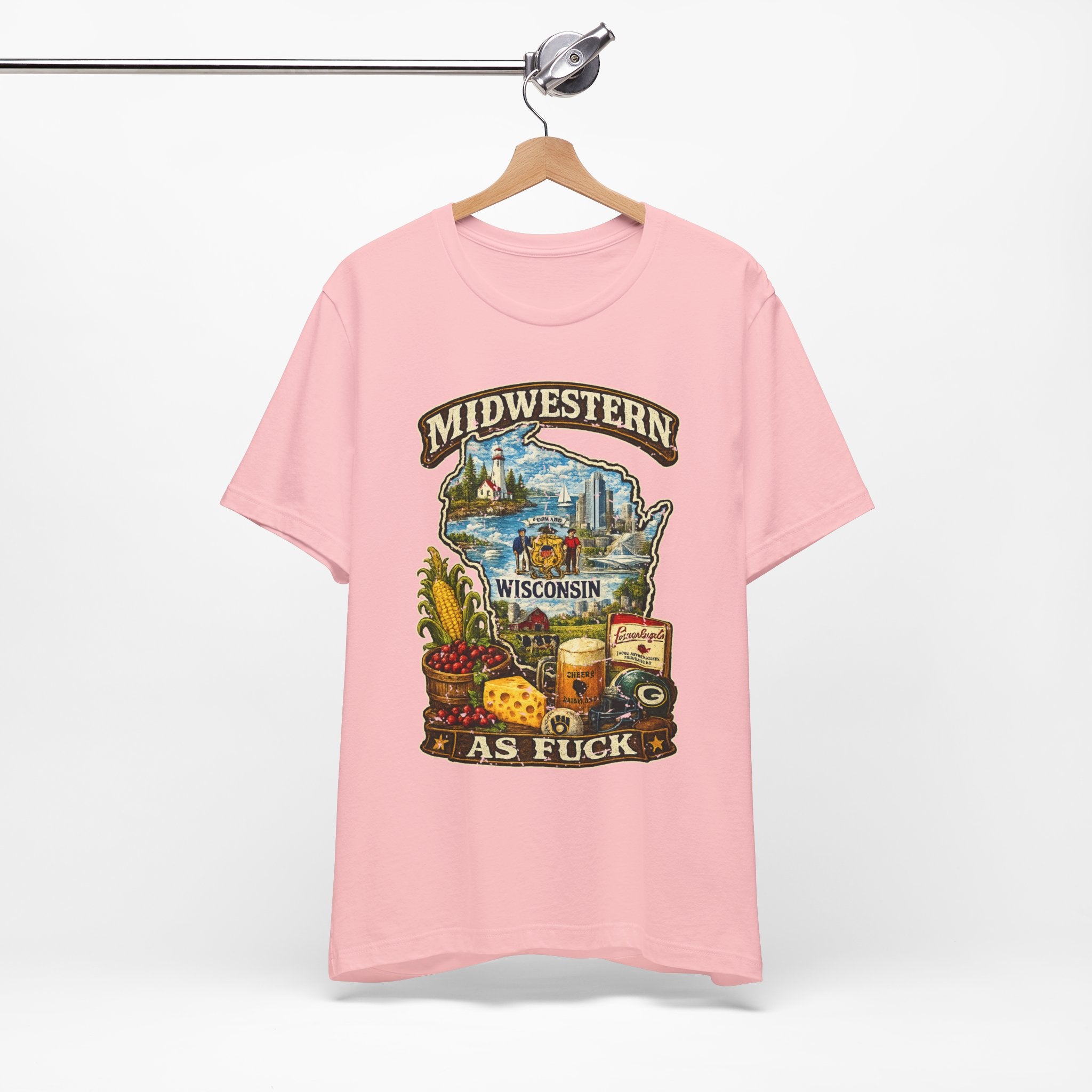 Midwestern As Fuck Wisconsin T-Shirt | Funny Wisconsin Pride Tee | Bella + Canvas 3001 | Vintage Cheesehead State Shirt