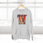 Heather Grey Feral AF hoodie on a wooden hanger by a bright window, front print facing out