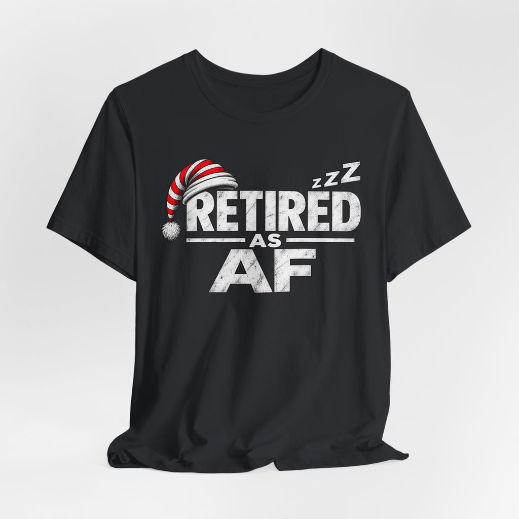 Vintage Black Retired AF T-shirt draped, front RETIRED AS AF print in white and grey